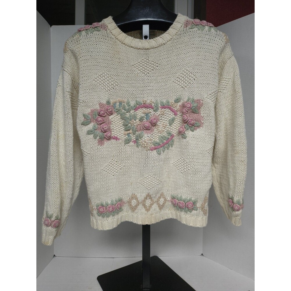 Vintage 1980’s Shenanigans Off White Floral Flower Knitted Sweater 3D Retro